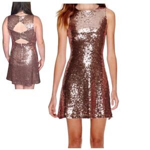 Speechless Rose Gold SEQUIN DRESS Size 7 Peek A Boo Zip Fit Flare Slip Mob Wife